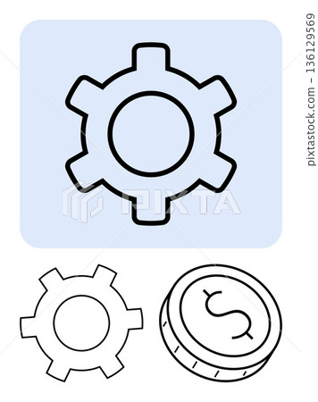 Business productivity, financial processes, economics, automation, planning, wealth management. Gear icons and a currency coin. Business productivity and financial processes visualization Business productivity, financial processes, economics, automation, planning, wealth management. Gear icons and a currency coin. Business productivity and financial processes visualization 136129569