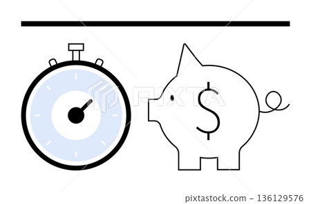 Time management, financial planning, saving money, cost efficiency, investment, time value. Icon of a stopwatch and a piggy bank with a dollar sign. Time management and financial planning 136129576