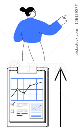Business growth, data analysis, financial planning, development strategy, market trends, productivity. Woman pointing with clipboard showing charts and arrow. Business growth and data analysis ideas 136129577