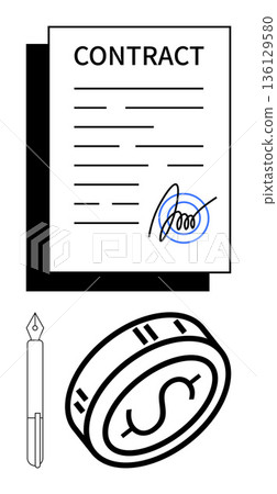 Business agreements, legal documents, financial transactions, signatures, partnerships, commerce. Contract document with signature, pen and dollar coin. Business agreements and legal documents Business agreements, legal documents, financial transactions, signatures, partnerships, commerce. Contract document with signature, pen and dollar coin. Business agreements and legal documents 136129580