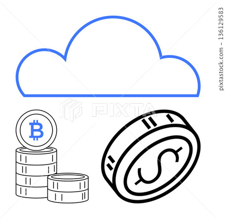 Cryptocurrency, digital economy, cloud storage, blockchain, financial technology, data security. Illustration of a cloud and coin stacks with Bitcoin symbol and dollar coin. Cryptocurrency Cryptocurrency, digital economy, cloud storage, blockchain, financial technology, data security. Illustration of a cloud and coin stacks with Bitcoin symbol and dollar coin. Cryptocurrency 136129583