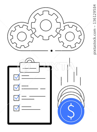 Cloud computing, financial planning, task management, productivity, digital workflow, and business efficiency. Cloud with gears, checklist and coins. Cloud computing and financial planning 136129584