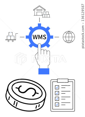 Inventory management, business logistics, supply chain, warehouse solutions, financial tracking, technology. Gear with WMS, checklist currency coin and logistics icons. Inventory and logistics 136129587