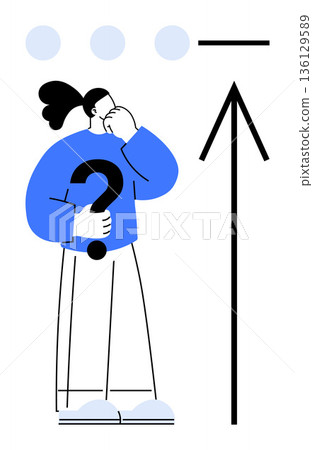 Decision-making, guidance, problem-solving, questioning, goal orientation, direction. A person holds a question mark, an upward arrow and abstract dots visible. Decision-making and guidance Decision-making, guidance, problem-solving, questioning, goal orientation, direction. A person holds a question mark, an upward arrow and abstract dots visible. Decision-making and guidance 136129589