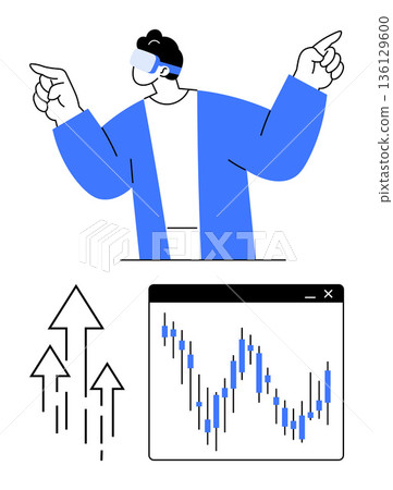 Future innovation, financial analysis, stock trends, VR technology, data growth, digital economy. Man in VR headset pointing up, chart showing market trends. Financial analysis stock trends concept Future innovation, financial analysis, stock trends, VR technology, data growth, digital economy. Man in VR headset pointing up, chart showing market trends. Financial analysis stock trends concept 136129600