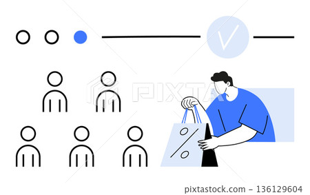 E-commerce, customer loyalty, marketing, verification, consumer behavior, promotions. Man holding a discount shopping bag with figures and checkmarks around him. E-commerce and customer loyalty 136129604