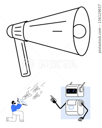 Public communication, AI ethics, technology influence, activism, propaganda, digital media. A megaphone, protesting individual bombs and a robot. Public communication and AI ethics Public communication, AI ethics, technology influence, activism, propaganda, digital media. A megaphone, protesting individual bombs and a robot. Public communication and AI ethics 136129657