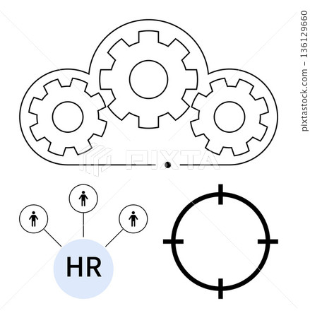 Recruitment, data management, team collaboration, HR tech, workforce analytics, process optimization. Gears in cloud, HR and people icons a target circle. Recruitment and data management 136129660