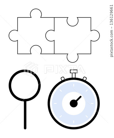 Problem solving, time management, productivity skills, analysis, strategy, research. Two puzzle pieces, a magnifying glass and a stopwatch. Problem solving and time management concepts 136129661