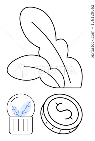 Sustainability, green finance, eco-consciousness, renewable resources, environmental responsibility, economic growth. Outlined leaves, coin with dollar symbol, and a globe with branches Sustainability, green finance, eco-consciousness, renewable resources, environmental responsibility, economic growth. Outlined leaves, coin with dollar symbol, and a globe with branches 136129662
