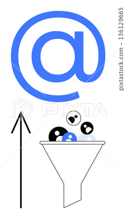 Online outreach, digital marketing, user acquisition, lead generation, social media, customer engagement. At symbol, upward arrow funnel with diverse user icons. Online outreach and digital Online outreach, digital marketing, user acquisition, lead generation, social media, customer engagement. At symbol, upward arrow funnel with diverse user icons. Online outreach and digital 136129665