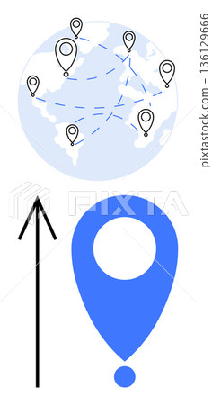 Logistics, travel management, international shipping, navigation tools, global communication, route optimization. Globe with location markers and directional arrow. Logistics and travel management Logistics, travel management, international shipping, navigation tools, global communication, route optimization. Globe with location markers and directional arrow. Logistics and travel management 136129666