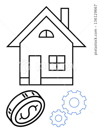 Real estate, investment, property management, mortgage planning, financial growth, construction services. Outline drawing of a house, coin and gears. Real estate and investment concepts 136129667