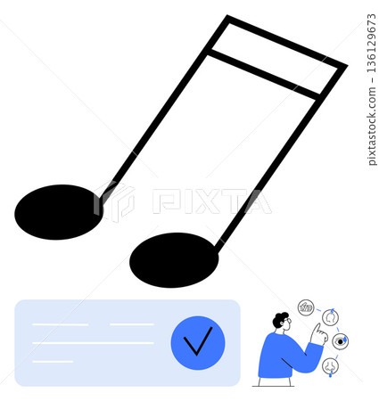 Music education, task management, creativity, digital learning, conceptual art, workflow organization. Large musical note, checklist with a checkmark and person pointing to concepts. Music education Music education, task management, creativity, digital learning, conceptual art, workflow organization. Large musical note, checklist with a checkmark and person pointing to concepts. Music education 136129673