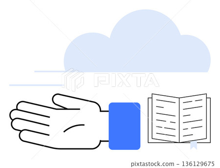 Cloud storage, online education, digital books, remote access, file sharing, knowledge management. A hand, an open book and a cloud. s digital books and cloud storage concepts Cloud storage, online education, digital books, remote access, file sharing, knowledge management. A hand, an open book and a cloud. s digital books and cloud storage concepts 136129675