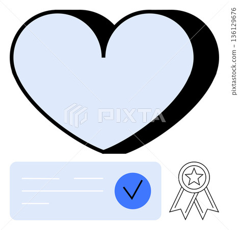 Trust, love, authenticity, validation, quality assurance, certification. Large heart icon with a blue check mark and ribbon badge. Trust and authenticity through the visual elements Trust, love, authenticity, validation, quality assurance, certification. Large heart icon with a blue check mark and ribbon badge. Trust and authenticity through the visual elements 136129676