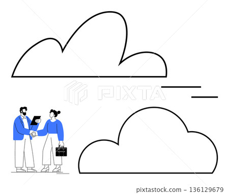 Business collaboration, cloud computing, partnership, digital transformation, technology, teamwork. Two business professionals shaking hands with cloud shapes. Business collaboration and cloud Business collaboration, cloud computing, partnership, digital transformation, technology, teamwork. Two business professionals shaking hands with cloud shapes. Business collaboration and cloud 136129679