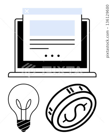 Entrepreneurship, innovation, online business, financial planning, creativity, digital marketing. Laptop screen, coin and light bulb icons. Entrepreneurship and creativity Entrepreneurship, innovation, online business, financial planning, creativity, digital marketing. Laptop screen, coin and light bulb icons. Entrepreneurship and creativity 136129680