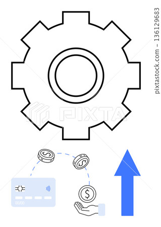Payment systems, automation, financial growth, digital transactions, fintech, business solutions. Gear symbol, credit card coins upward arrow. Payment systems and automation theme 136129683
