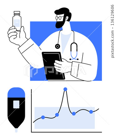 Healthcare, medical research, technology in medicine, patient care, pharmaceutical industry, data analysis. A doctor holding a bottle and tablet alongside medical charts and an infusion device 136129686