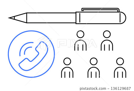 Teamwork, communication, business meetings, corporate discussions, collaboration, digital interaction. A pen, phone icon and group of people in a minimalist style. Teamwork and communication idea 136129687