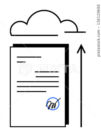 Digital transformation, legal documents, data storage, cloud technology, online services, electronic signatures. Document with a signature and upload arrow under a cloud. Digital transformation 136129688