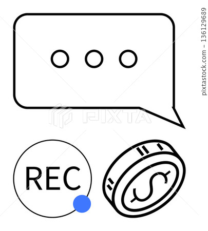 Communication, voice recording, financial transactions, technology, content creation, media marketing. Speech bubble with dots, rec icon and dollar coin. Communication and voice recording Communication, voice recording, financial transactions, technology, content creation, media marketing. Speech bubble with dots, rec icon and dollar coin. Communication and voice recording 136129689