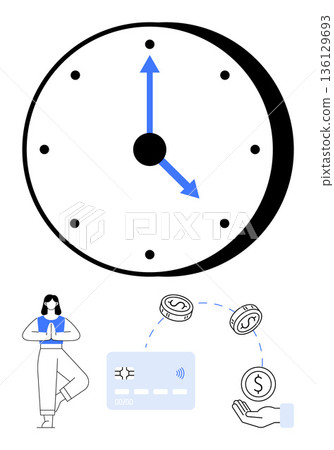Time management, financial planning, wellness, payment systems, work-life balance, mindfulness. Large clock with arrows, money transfer icons yoga pose. Time management and financial planning Time management, financial planning, wellness, payment systems, work-life balance, mindfulness. Large clock with arrows, money transfer icons yoga pose. Time management and financial planning 136129693