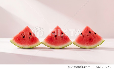 Three fresh watermelon slices standing upright on white surface with soft pink background, minimal summer fruit concept 136129739