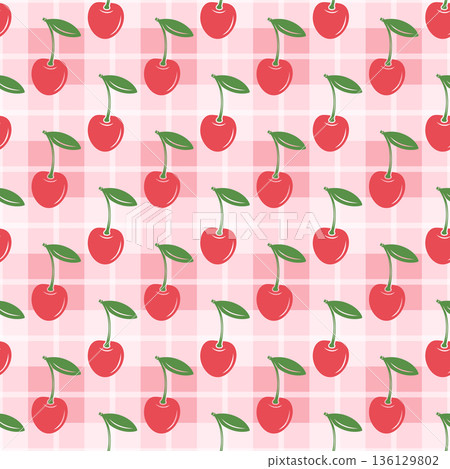 Vector Cherry Seamless Pattern Background with Cute Cherries on Pink Gingham Grid. Cherry Fruit Wallpaper for Textile, Fabric, Wrapping Paper, Surface Design. Cherry Repeat Print 136129802