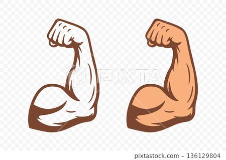 Strength Arm, Vector Illustration. Strength Muscle, Flexing Bicep Set. Fitness Gym Workout Symbol. Strong Power Bodybuilder Emblem, Isolated Outline and Filled Design 136129804