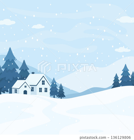 Vector Winter Snow Landscape Background with Snowfall, Pine Trees and Cozy House. Minimal Blue Snowy Countryside Scene. Christmas and New Year Holiday Square Banner. Cold Season Nature Vector Winter Snow Landscape Background with Snowfall, Pine Trees and Cozy House. Minimal Blue Snowy Countryside Scene. Christmas and New Year Holiday Square Banner. Cold Season Nature 136129806