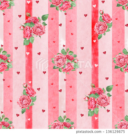 Seamless Pattern with Watercolor roses bouquet  and hearts  on a striped background. Shabby chic Romantic texture for fabric and stationery . 136129875