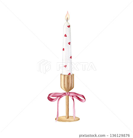 Watercolor illustration of a tall white candle in a gold candlestick decorated with a ribbon bow, hand painted . Elegant vintage decor for valentines day and weddings Watercolor illustration of a tall white candle in a gold candlestick decorated with a ribbon bow, hand painted . Elegant vintage decor for valentines day and weddings 136129876