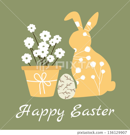 Easter greeting card banner with EaEster egg, bunny and floral elements in Scandinavian style Easter greeting card banner with EaEster egg, bunny and floral elements in Scandinavian style 136129907