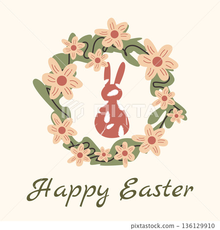 Easter greeting card banner with spring floral wreath and bunny in Scandinavian style 136129910