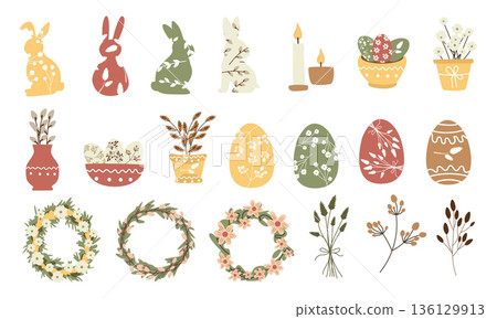 Set of Scandinavian Easter illustrations with bunny silhouettes, decorated Easter eggs, floral wreaths, spring flowers, branches, candles, vases and flower pots in soft pastel colors Set of Scandinavian Easter illustrations with bunny silhouettes, decorated Easter eggs, floral wreaths, spring flowers, branches, candles, vases and flower pots in soft pastel colors 136129913
