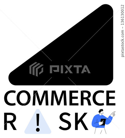 Risk management, business solutions, financial decisions, trade evaluation, commerce analysis, and warning. Triangle with exclamation mark and a businessman pointing. Risk management and business 136130012