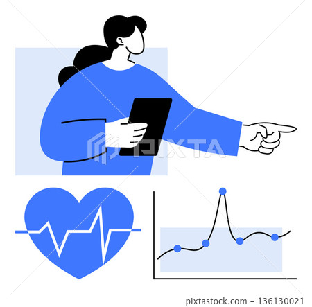 Health analytics, digital tools, medical insights, data visualization, wearable devices, monitoring health. A woman holding a tablet, pointing alongside a heart and graph. Health analytics and data Health analytics, digital tools, medical insights, data visualization, wearable devices, monitoring health. A woman holding a tablet, pointing alongside a heart and graph. Health analytics and data 136130021