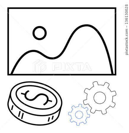 Finance, business, economic growth, industry, strategic planning, data analysis. Black line art showing a coin, gears and a graph-thumbs up chart. Finance and business concepts Finance, business, economic growth, industry, strategic planning, data analysis. Black line art showing a coin, gears and a graph-thumbs up chart. Finance and business concepts 136130028