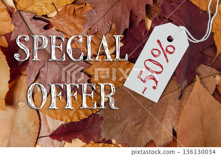 Special offer tag on autumn leaves background with vibrant colors and seasonal ambiance Special offer tag on autumn leaves background with vibrant colors and seasonal ambiance 136130034