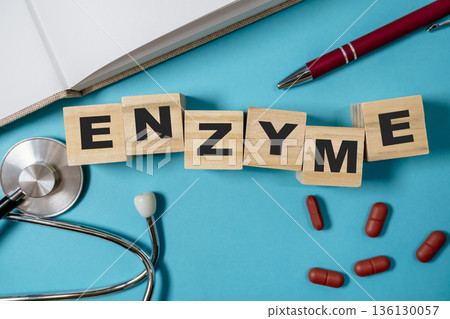 Wooden blocks spelling enzyme on a blue background with medical tools and capsules nearby Wooden blocks spelling enzyme on a blue background with medical tools and capsules nearby 136130057