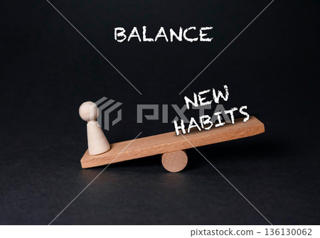Wooden balance scale with a figurine representing new habits and personal growth concept Wooden balance scale with a figurine representing new habits and personal growth concept 136130062