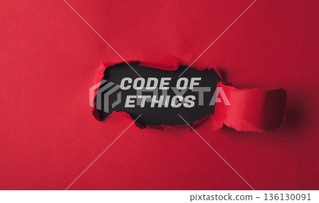 Red background with a black word that says Code of Ethics 136130091