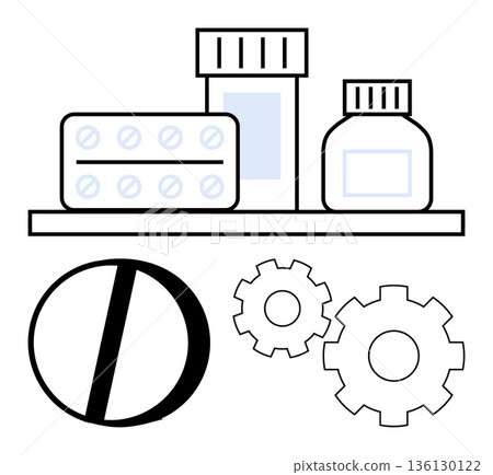 Healthcare, pharmaceuticals, medical technology, innovation, medication management, health services. Pills, bottles and gears connections. Pharmaceuticals and medical technology concept Healthcare, pharmaceuticals, medical technology, innovation, medication management, health services. Pills, bottles and gears connections. Pharmaceuticals and medical technology concept 136130122