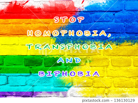 Colorful wall with the words Stop Homophobia, Transphobia, Biphobia Colorful wall with the words Stop Homophobia, Transphobia, Biphobia 136130129