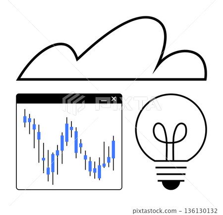Technology, finance, innovation, cloud storage, data visualization, energy solutions. A cloud, stock chart window and lightbulb in clean black-and-white design. Technology and finance concept Technology, finance, innovation, cloud storage, data visualization, energy solutions. A cloud, stock chart window and lightbulb in clean black-and-white design. Technology and finance concept 136130132
