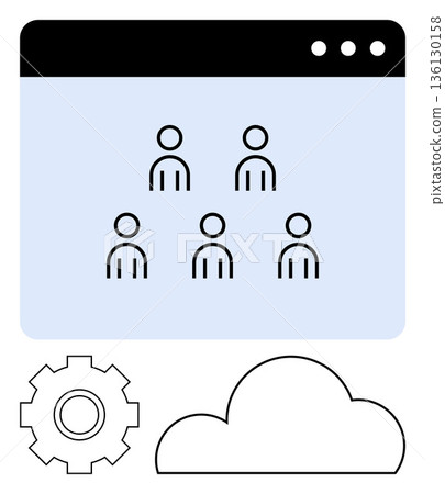 Team collaboration, remote work, data sharing, software development, cloud technology, automation. Minimalist graphic showing people icons, a cloud and a gear. Team collaboration and cloud Team collaboration, remote work, data sharing, software development, cloud technology, automation. Minimalist graphic showing people icons, a cloud and a gear. Team collaboration and cloud 136130158
