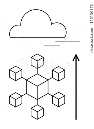 Cloud computing, data transfer, networking, digital storage, online platforms, IT infrastructure. Geometric cloud, nodes connected to a central hub upward arrow. Cloud computing and data transfer Cloud computing, data transfer, networking, digital storage, online platforms, IT infrastructure. Geometric cloud, nodes connected to a central hub upward arrow. Cloud computing and data transfer 136130178