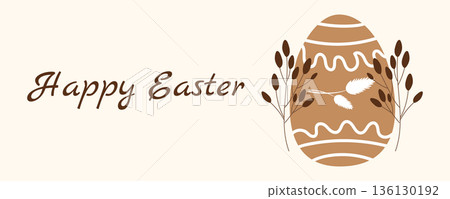 Horizontal Easter greeting banner with spring floral elements and easter egg in Scandinavian style Horizontal Easter greeting banner with spring floral elements and easter egg in Scandinavian style 136130192